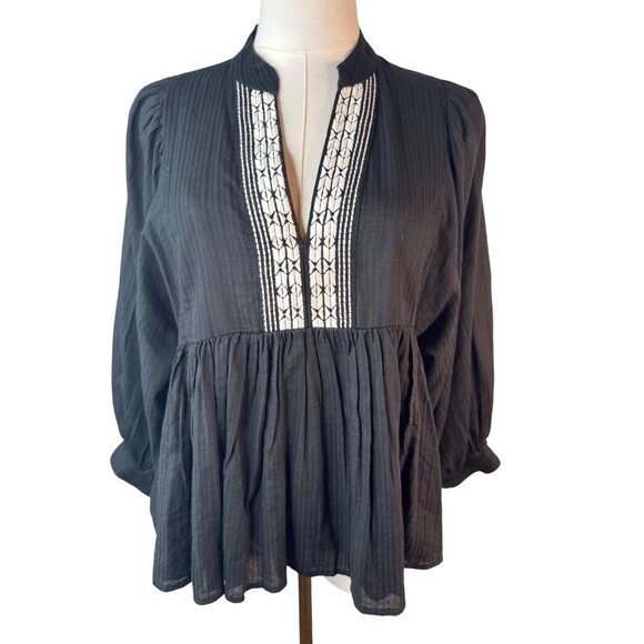 Banana Republic XS Black Peplum Blouse White Embroidery Puff Sleeves - Picture 5 of 12